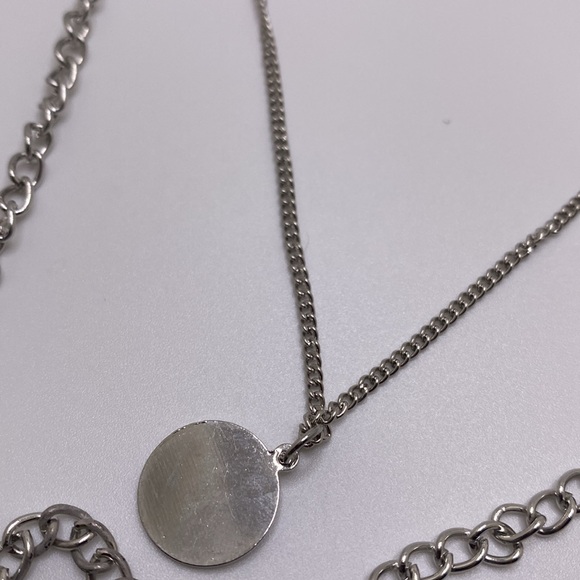 Silver Layered Multi Chain Circular Pendant & Bar Charm Necklace Bohemian Chic - Picture 11 of 13